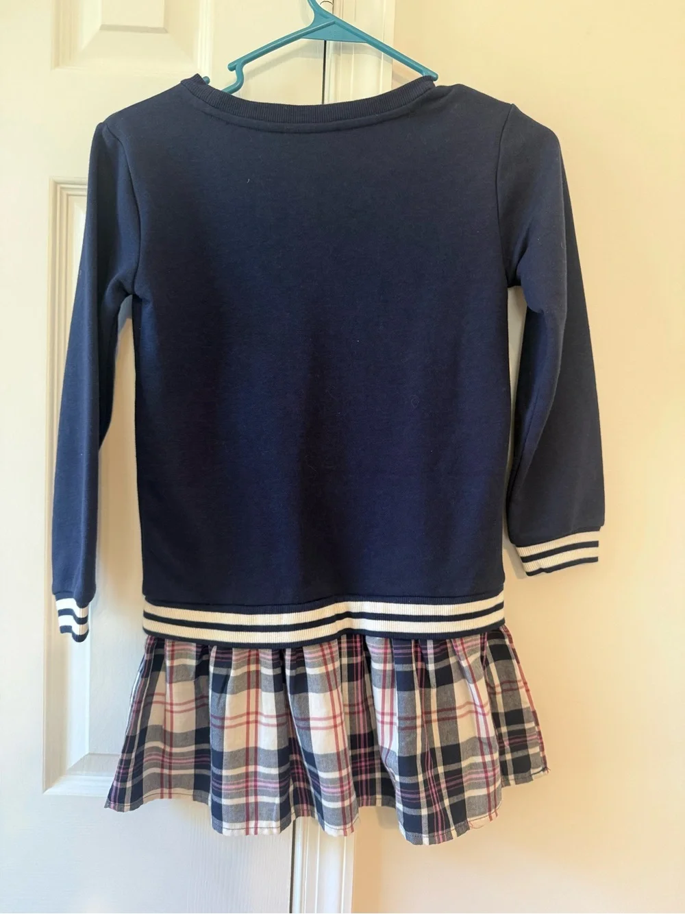 Girls Navy Smiley Sweatshirt Dress with Plaid Skirt